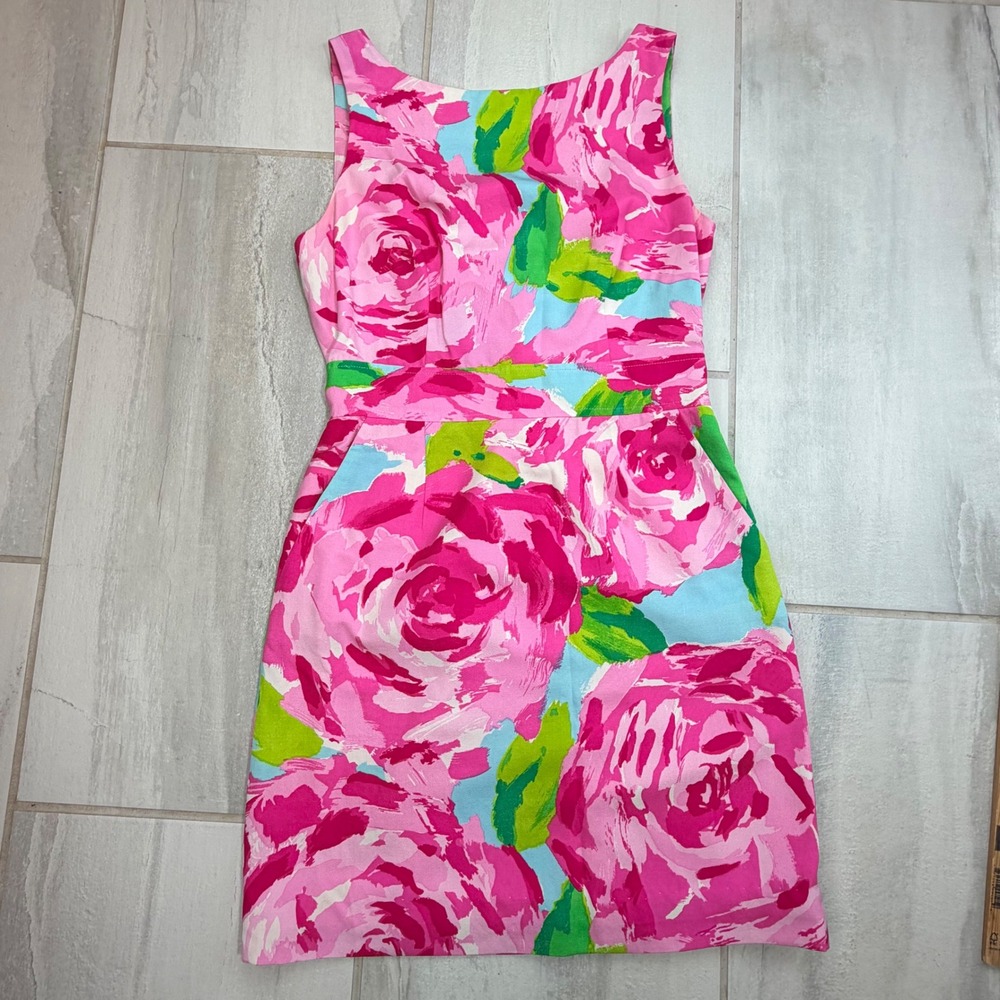 Lilly Pulitzer Pink Green Rose Floral Shift Dress Sleeveless Pockets Size 4
